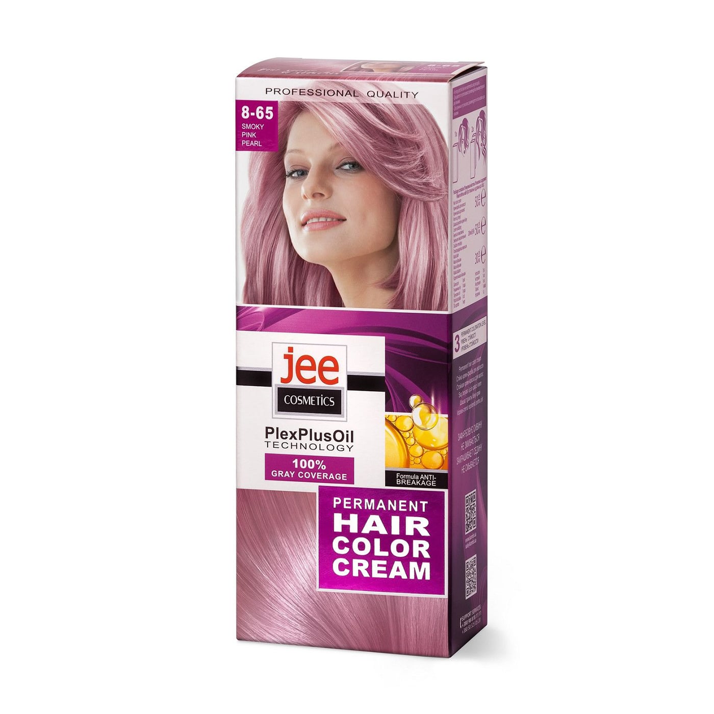 Стійка крем-фарба для волосся Jee Cosmetics Permanent Hair Color Cream 8-65 Димчасто-рожева перлина, 115 мл